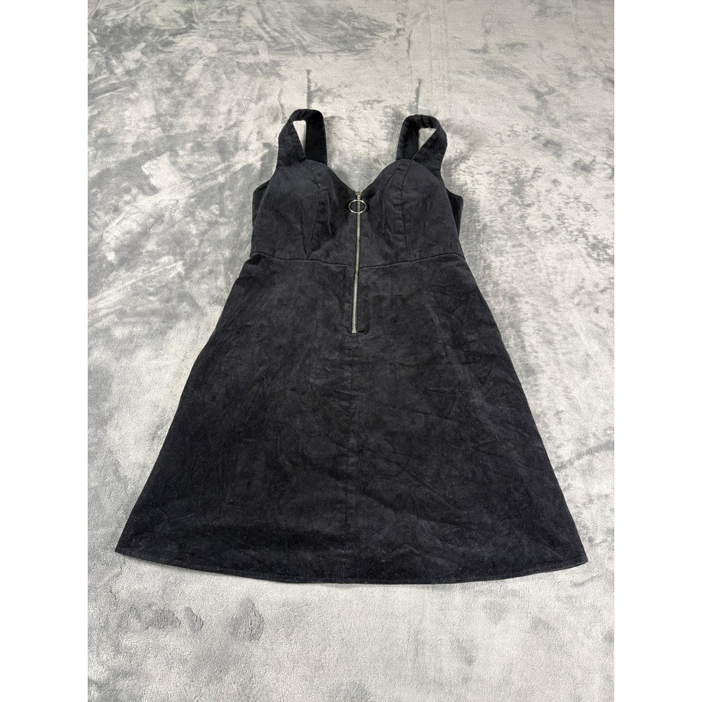 Topshop Women Corduroy Pinafore Mini Dress Size 2 Black O-Ring Front Zip